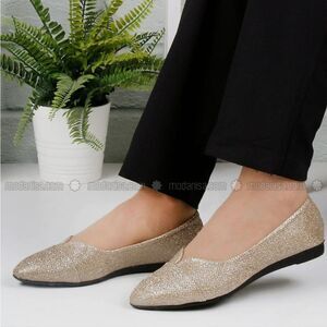 EXPRESS GOLD GLITTER EMBROIDERY POINTED TOE SLIP-ON WOMEN"S FLAT